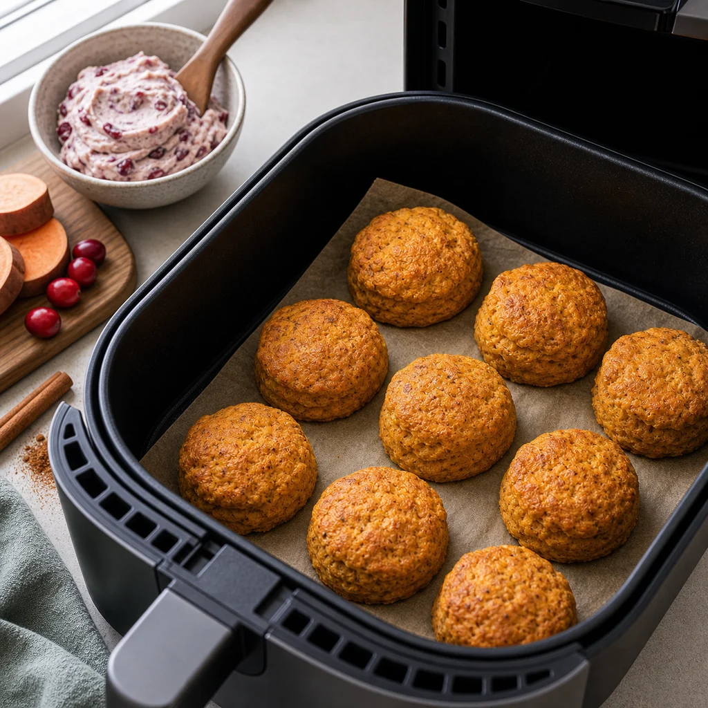 Air Fryer Holiday Spiced Sweet Potato Biscuits with Cranberry Butter cooking in the air fryer
