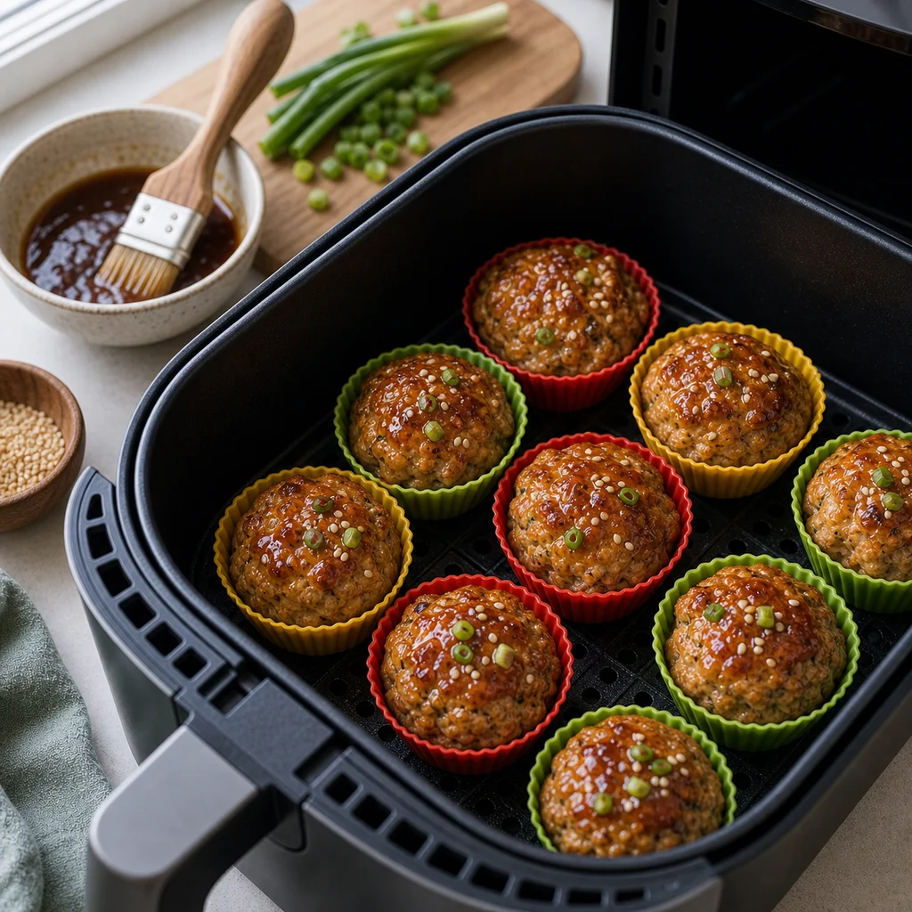 Air Fryer Honey Garlic Glazed Chicken Meatloaf Muffins cooking in the air fryer