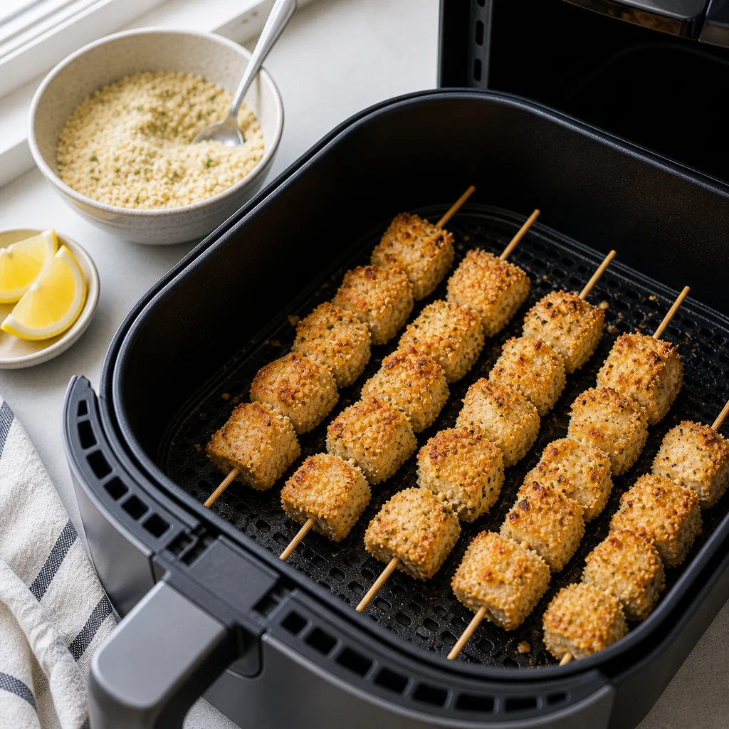 Air Fryer Keto Crispy Parmesan Chicken Skewers cooking in the air fryer