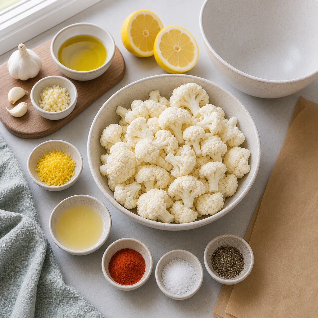 Ingredients for Air Fryer Keto Lemon Garlic Cauliflower Bites