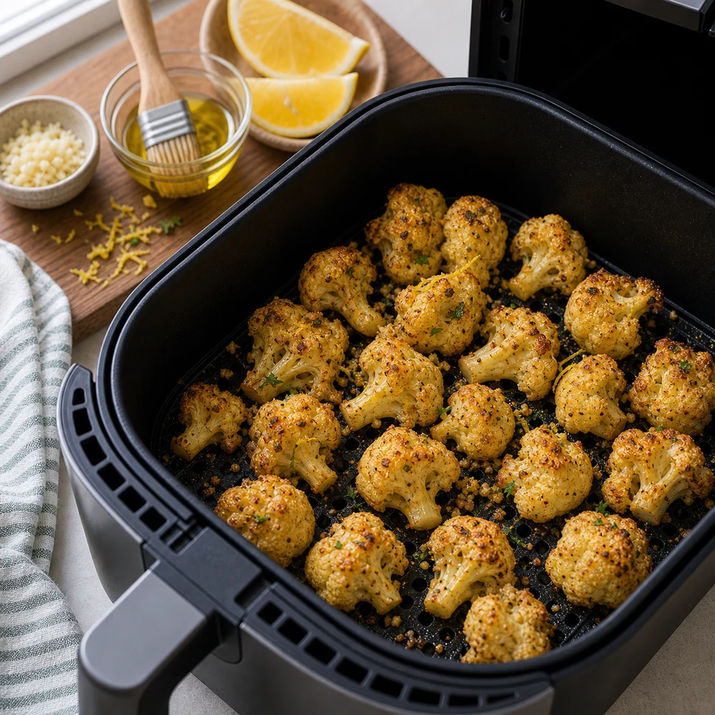 Air Fryer Keto Lemon Garlic Cauliflower Bites cooking in the air fryer