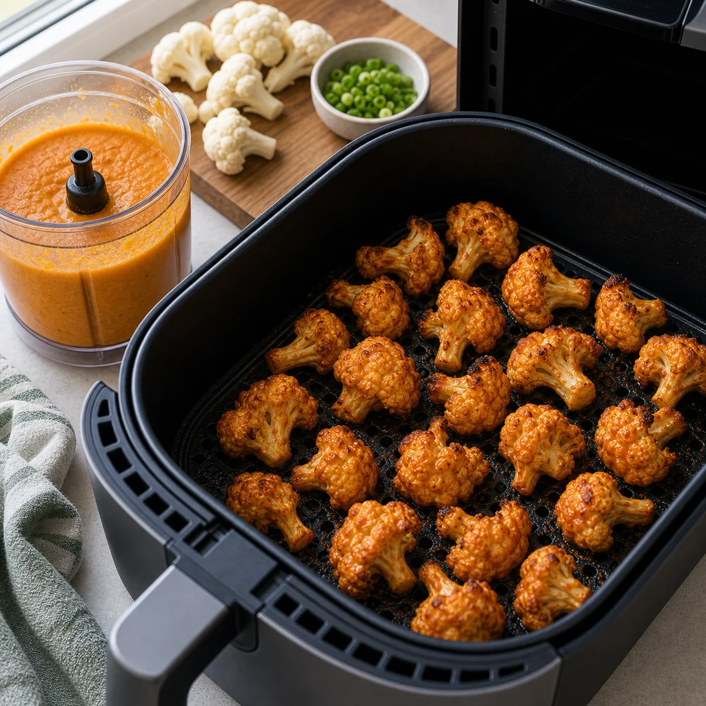 Air Fryer Ketogenic Buffalo Cauliflower Soup cooking in the air fryer
