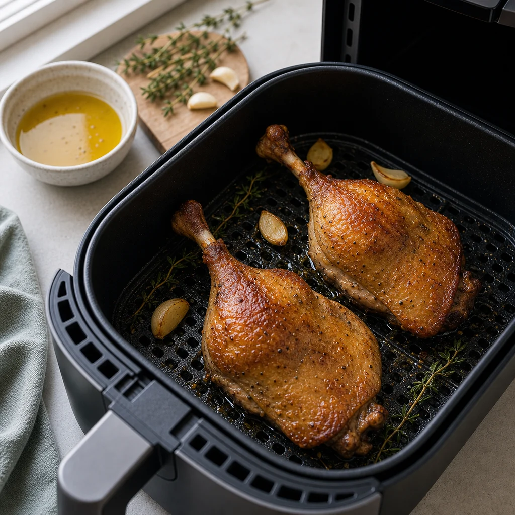 Air Fryer Ketogenic Crispy Duck Leg Confit cooking in the air fryer
