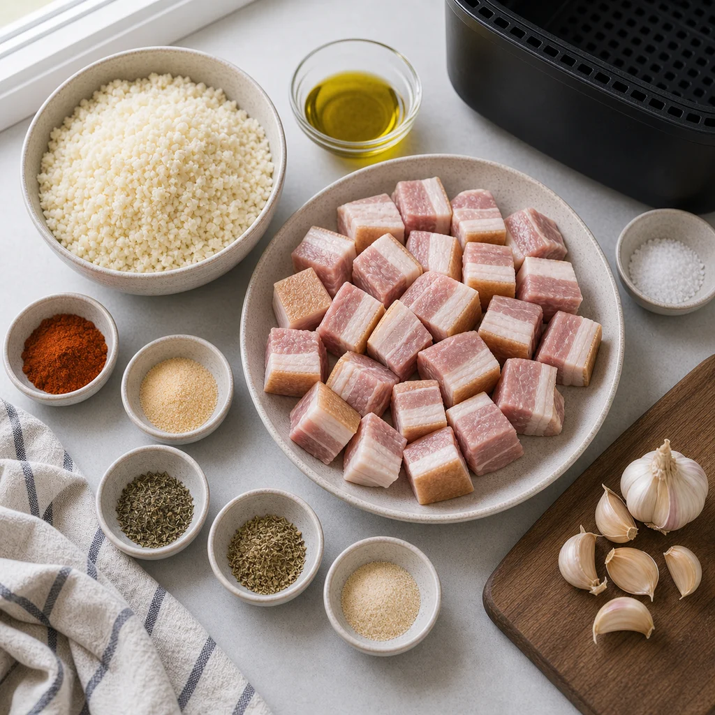 Ingredients for Air Fryer Ketogenic Pork Belly and Cauliflower Rice Bowl