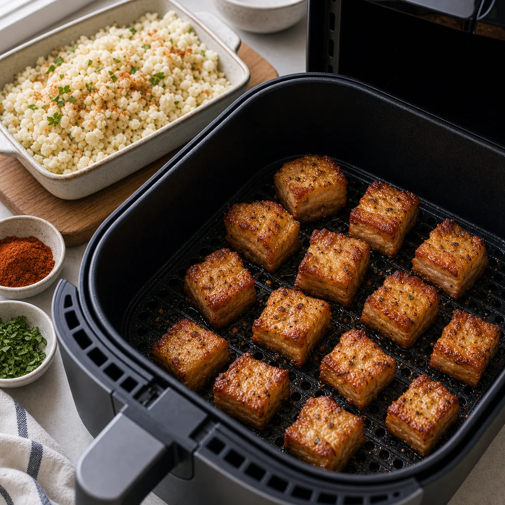 Air Fryer Ketogenic Pork Belly and Cauliflower Rice Bowl cooking in the air fryer