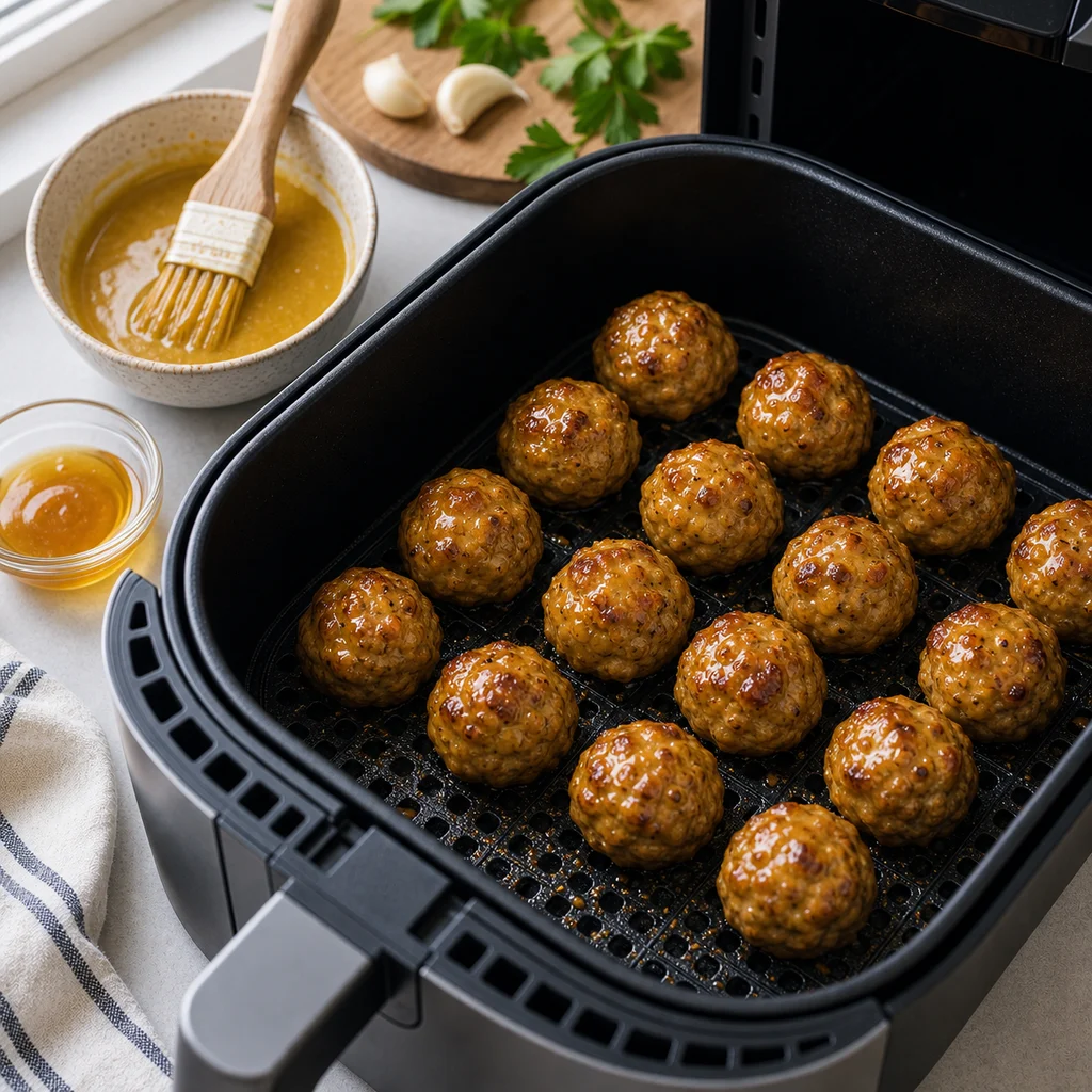 Air Fryer Kid-Friendly Honey Mustard Glazed Pork Meatballs cooking in the air fryer