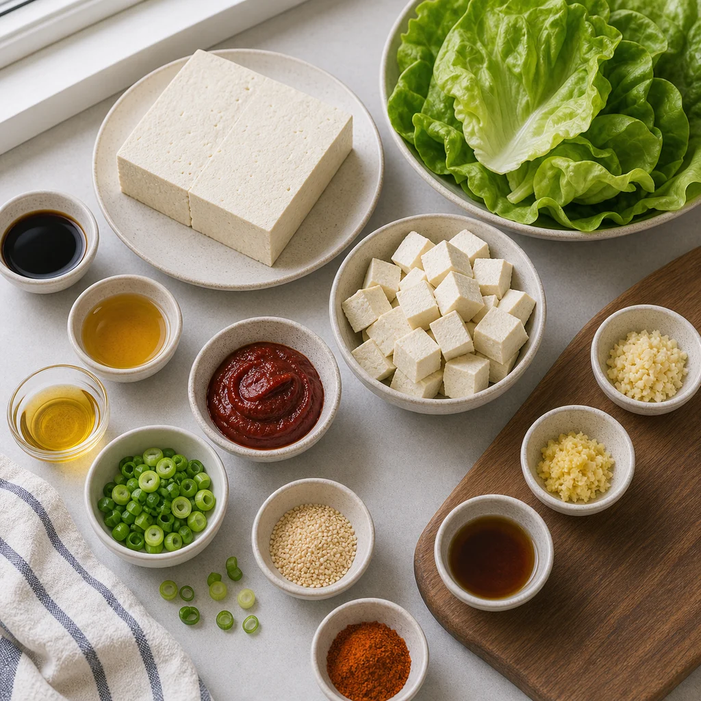 Ingredients for Air Fryer Korean BBQ Tofu Lettuce Wraps with Spicy Gochujang Sauce
