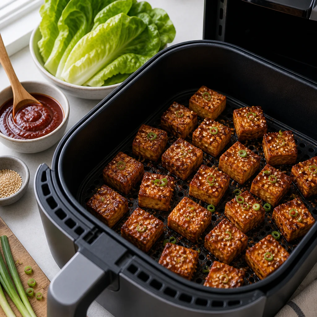 Air Fryer Korean BBQ Tofu Lettuce Wraps with Spicy Gochujang Sauce cooking in the air fryer