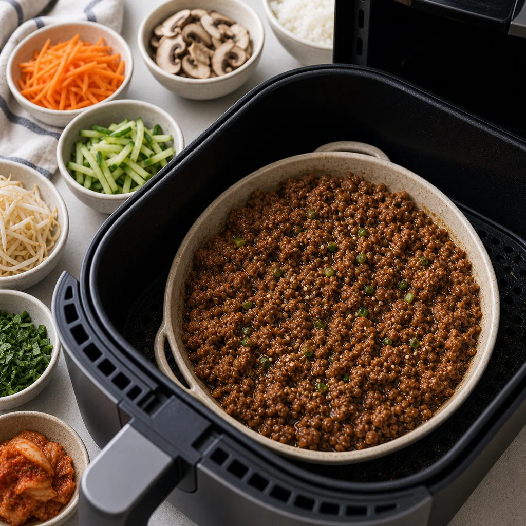 Air Fryer Korean Spiced Beef Bibimbap Bowls cooking in the air fryer