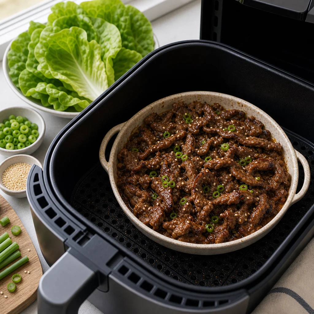 Air Fryer Korean-Inspired Bulgogi Beef Lettuce Wraps cooking in the air fryer