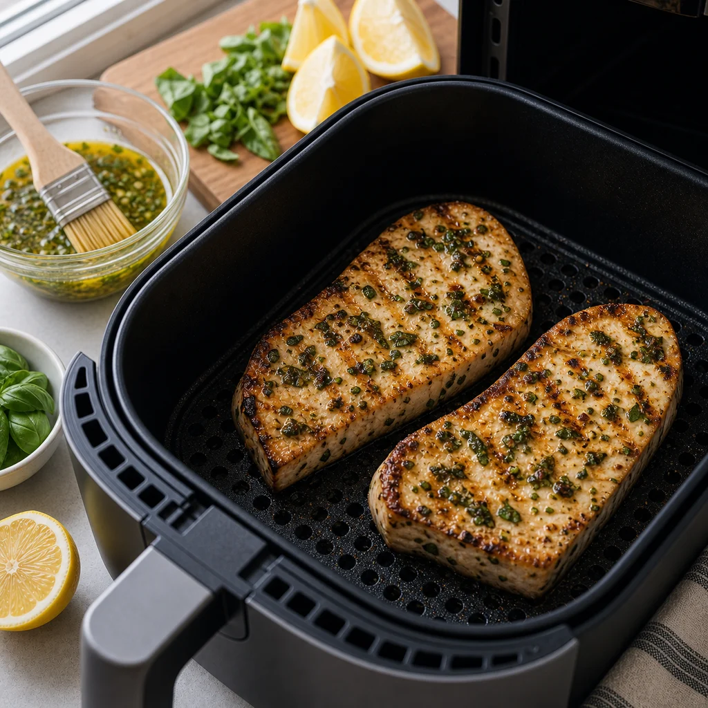Air Fryer Lemon Basil Grilled Swordfish Steaks cooking in the air fryer