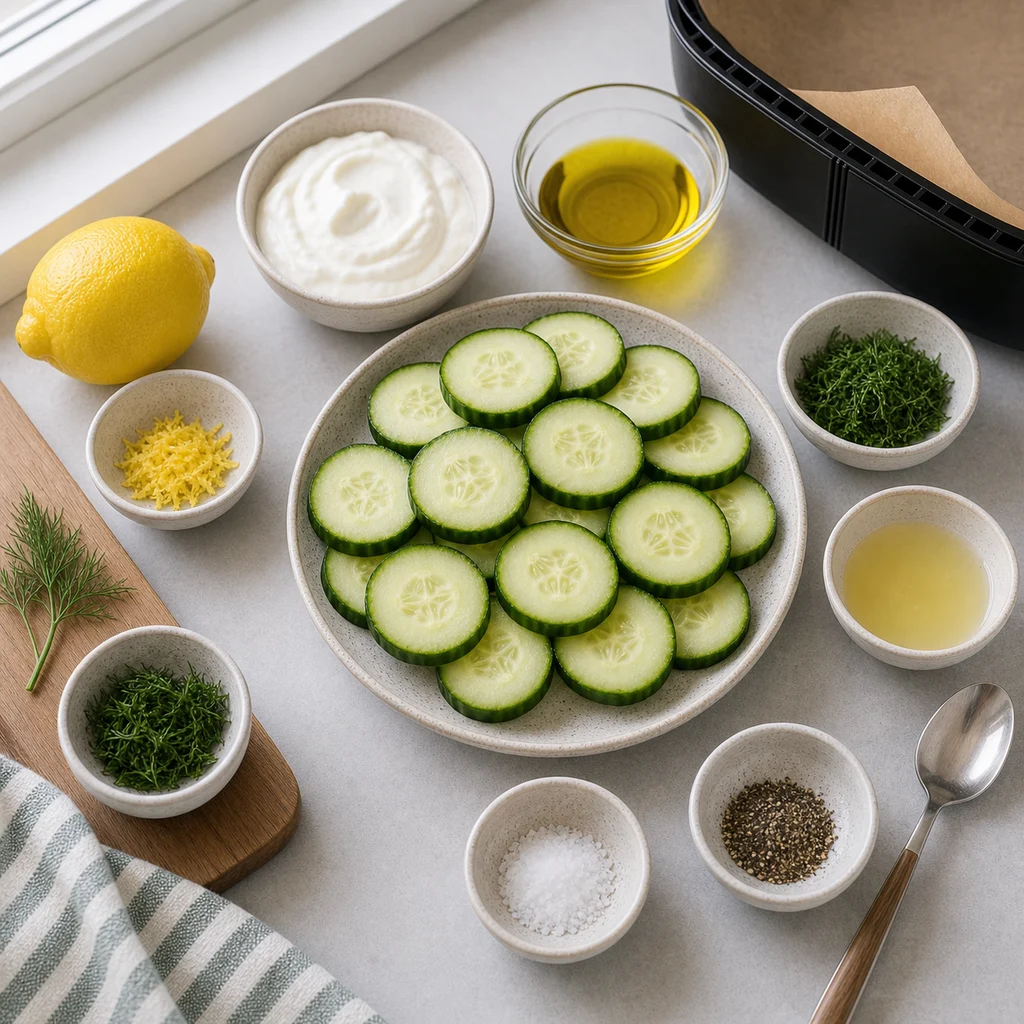 Ingredients for Air Fryer Lemon Dill Cucumber Salad Bites