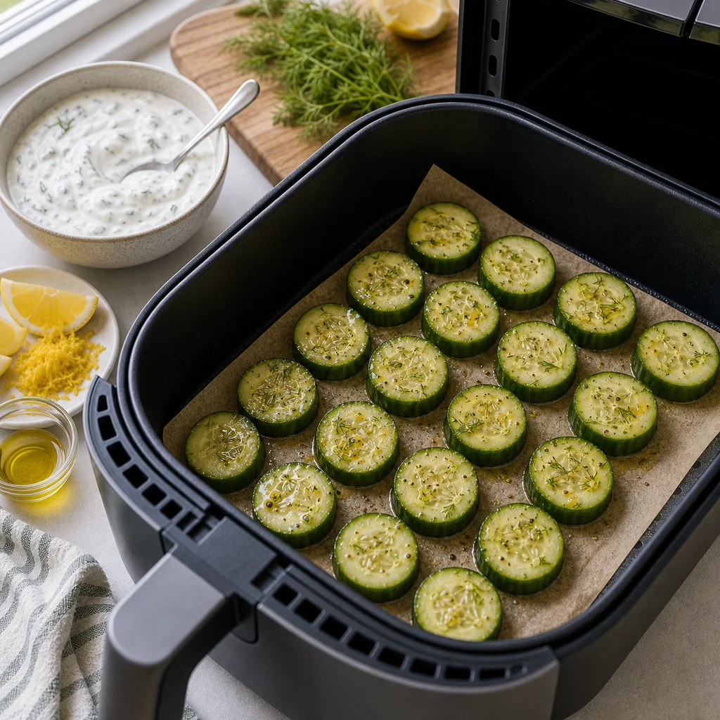 Air Fryer Lemon Dill Cucumber Salad Bites cooking in the air fryer