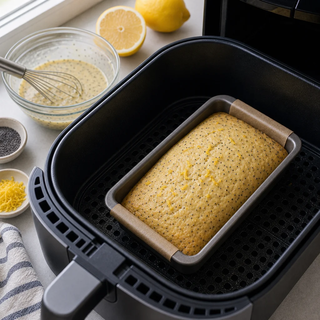 Air Fryer Lemon Poppy Seed Breakfast Loaf cooking in the air fryer