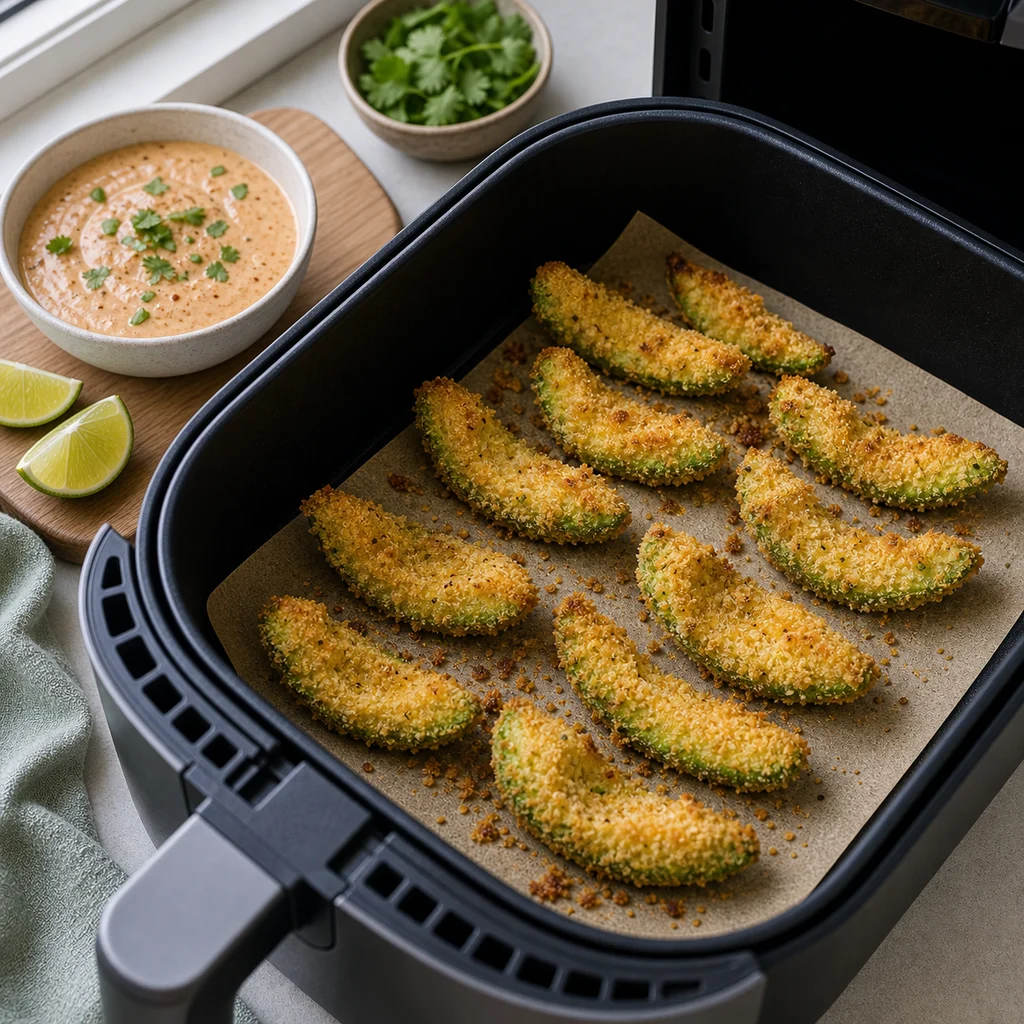 Air Fryer Low-Carb Crispy Avocado Fries with Chipotle Lime Dip cooking in the air fryer
