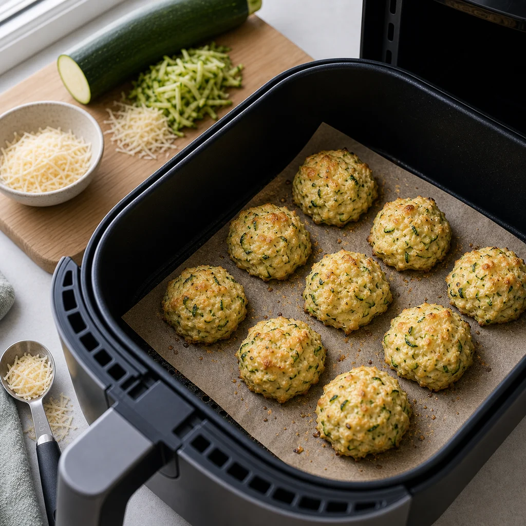 Air Fryer Low-Carb Zucchini and Parmesan Breakfast Biscuits cooking in the air fryer