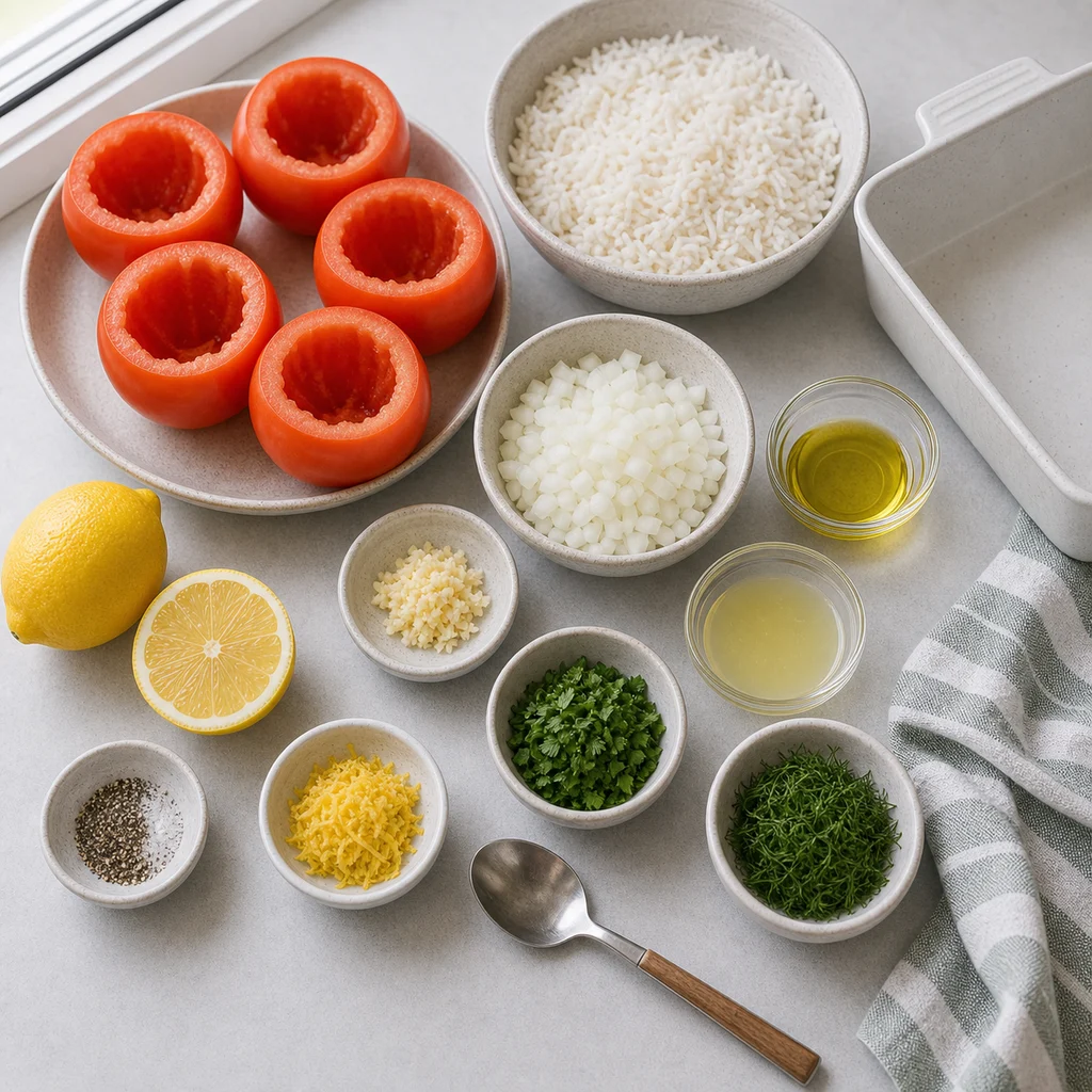 Ingredients for Air Fryer Low-Fat Greek Lemon Rice Stuffed Tomatoes