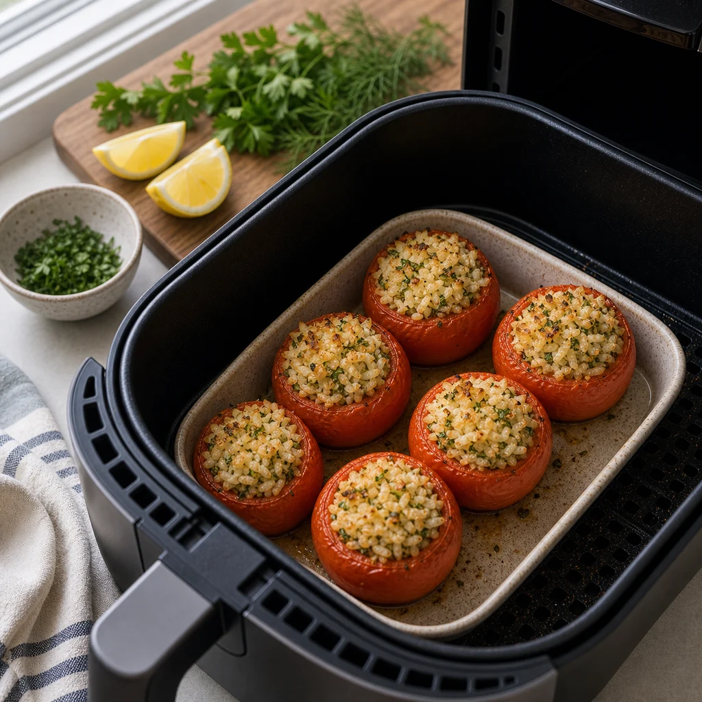Air Fryer Low-Fat Greek Lemon Rice Stuffed Tomatoes cooking in the air fryer