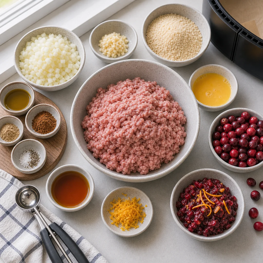 Ingredients for Air Fryer Maple-Glazed Spiced Pork Meatballs with Cranberry Relish