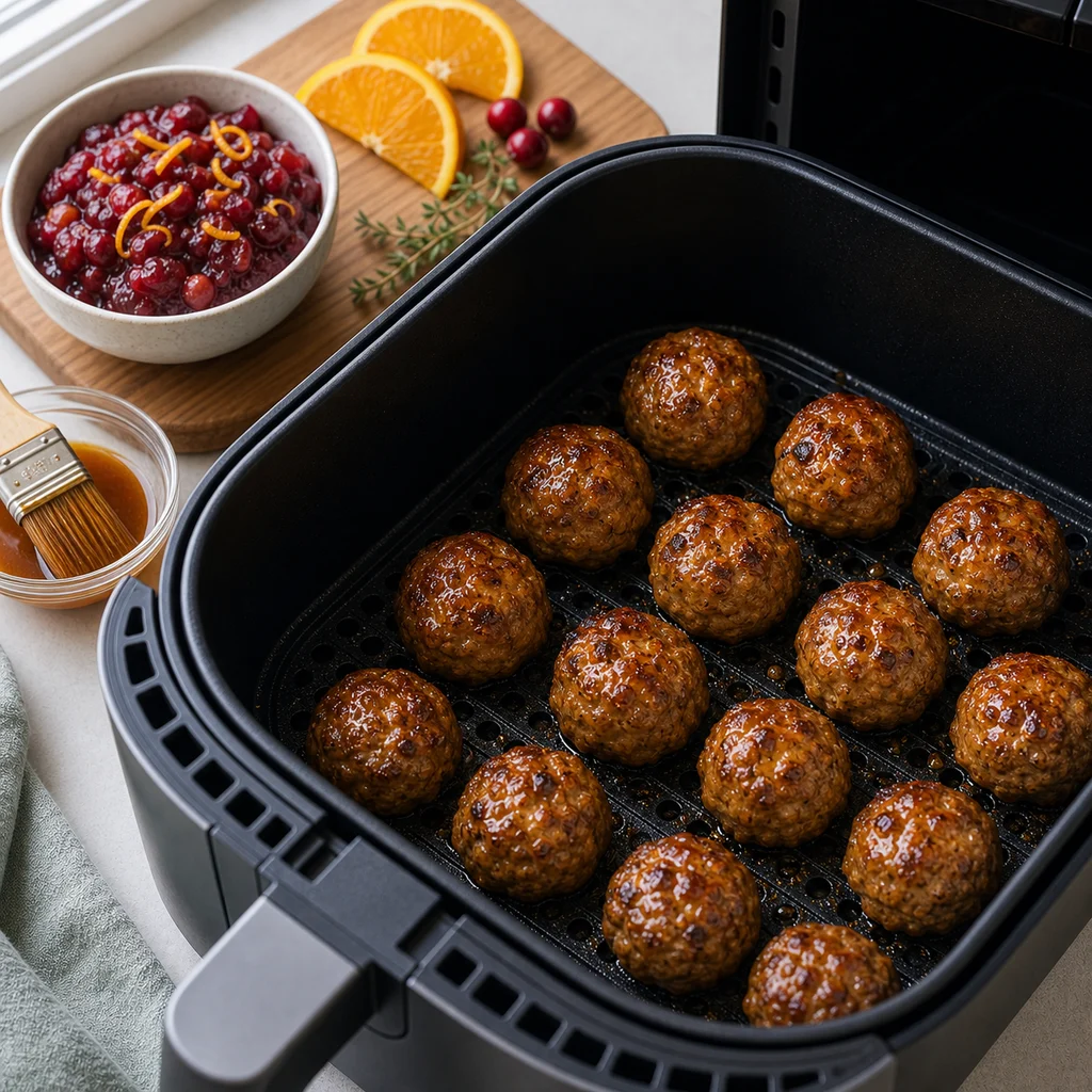 Air Fryer Maple-Glazed Spiced Pork Meatballs with Cranberry Relish cooking in the air fryer