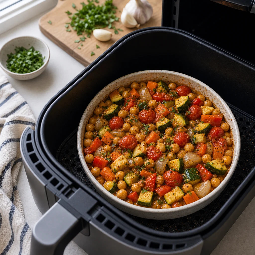 Air Fryer Mediterranean One-Pot Chickpea and Vegetable Tagine cooking in the air fryer