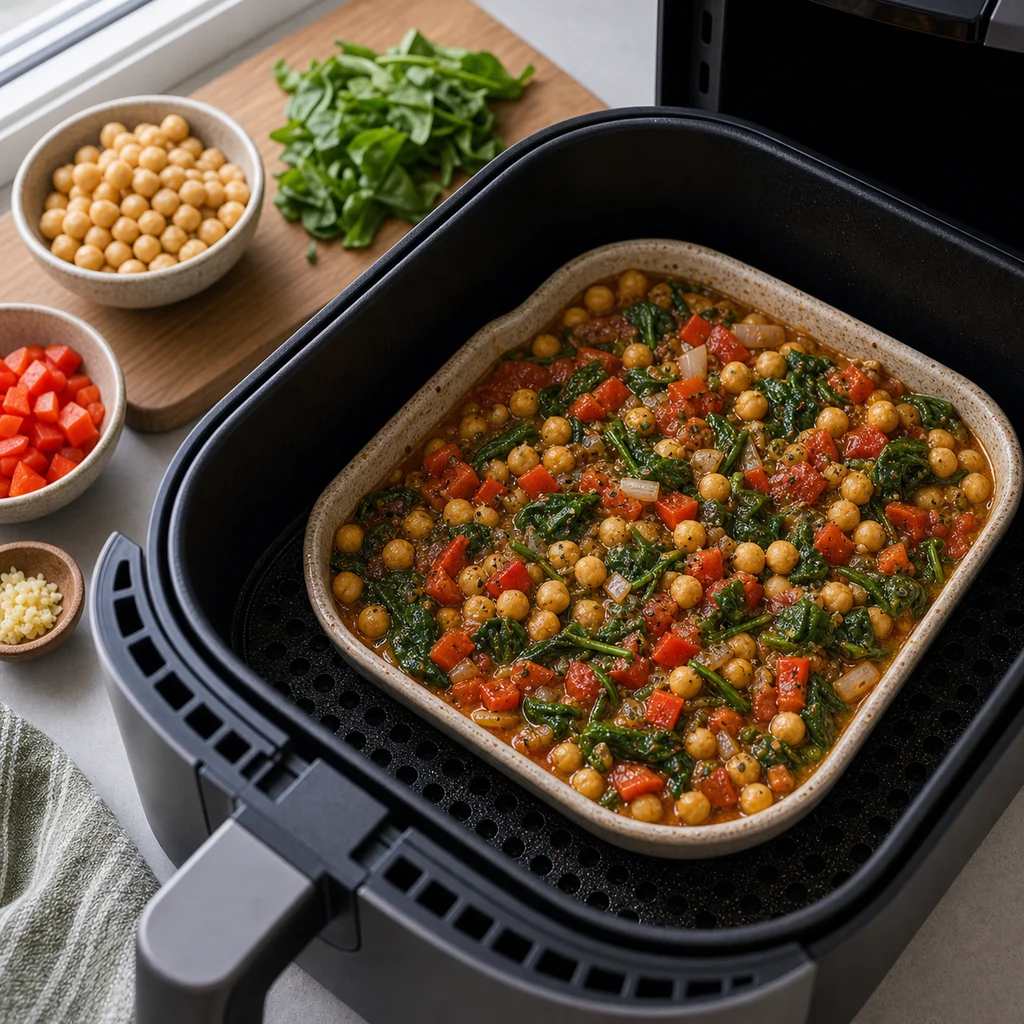 Air Fryer One-Pot Mediterranean Chickpea and Spinach Stew cooking in the air fryer