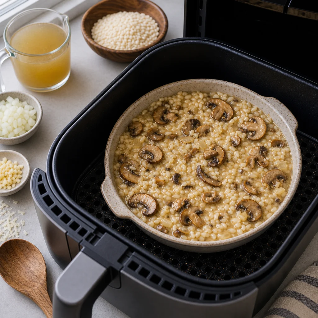 Air Fryer One-Pot Creamy Mushroom Risotto cooking in the air fryer
