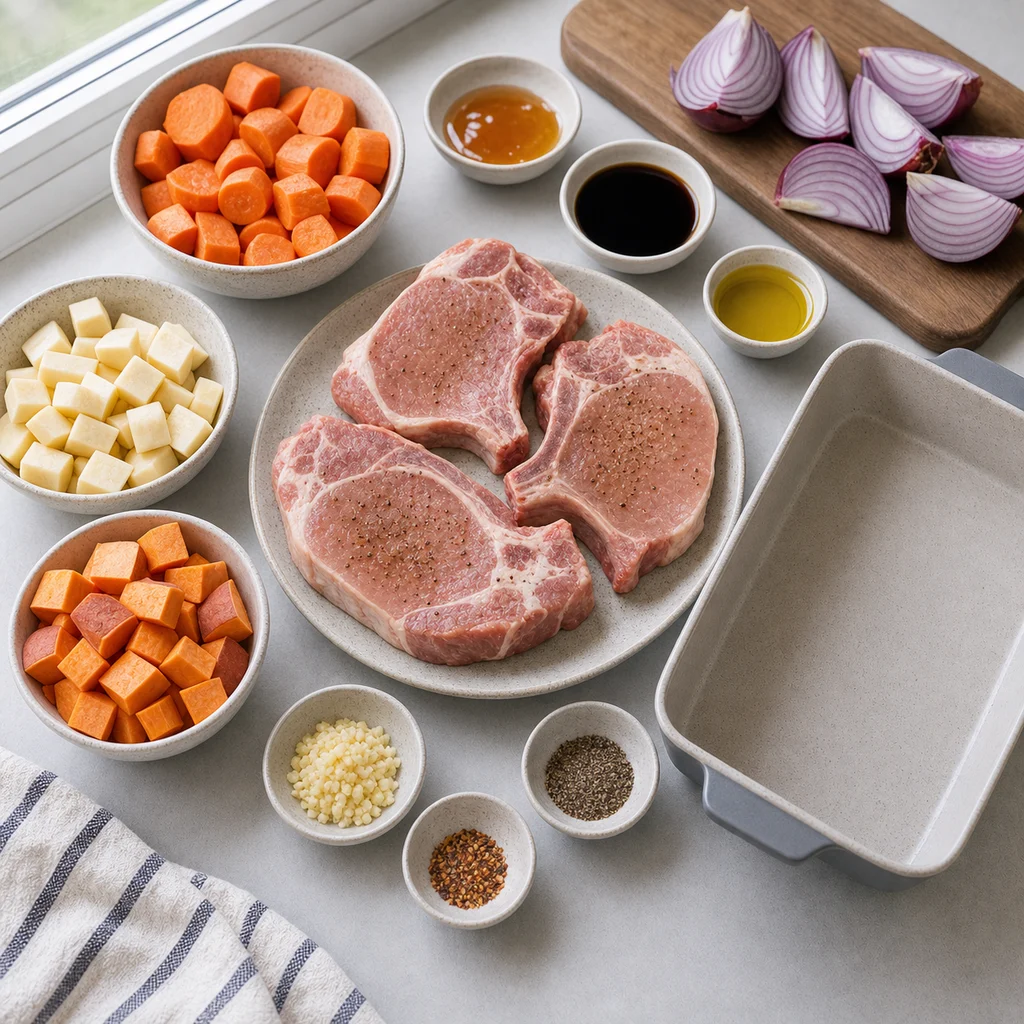 Ingredients for Air Fryer One-Pot Honey Garlic Pork Chops with Root Vegetables