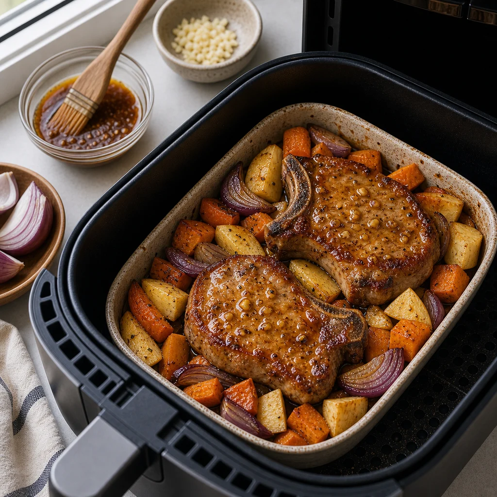 Air Fryer One-Pot Honey Garlic Pork Chops with Root Vegetables cooking in the air fryer