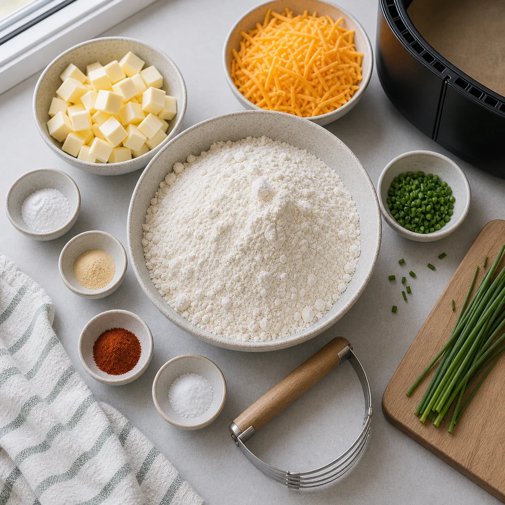 Ingredients for Air Fryer Savory Cheddar and Chive Biscuits