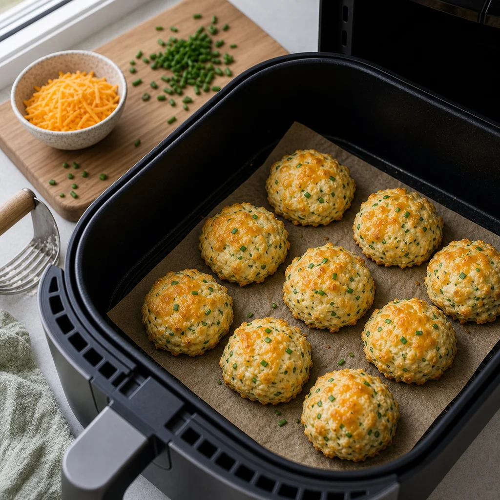 Air Fryer Savory Cheddar and Chive Biscuits cooking in the air fryer