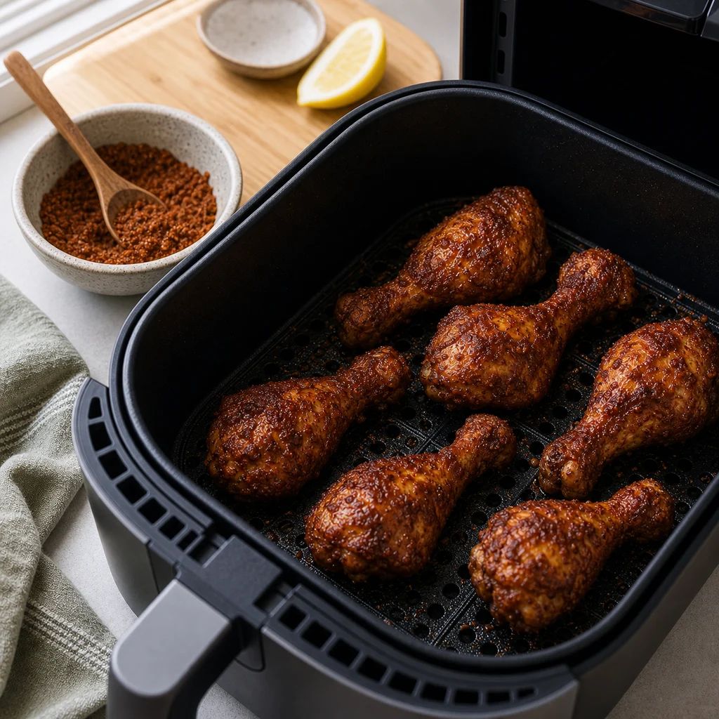 Air Fryer Spicy Ethiopian Doro Wat Chicken Drumsticks cooking in the air fryer