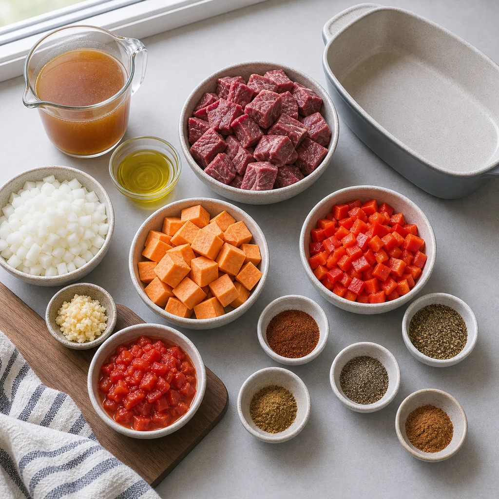 Ingredients for Air Fryer Paleo Spiced Beef and Sweet Potato Stew