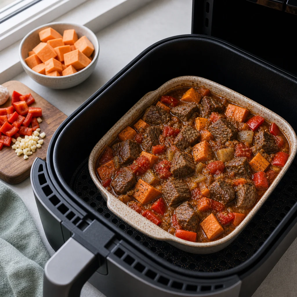 Air Fryer Paleo Spiced Beef and Sweet Potato Stew cooking in the air fryer