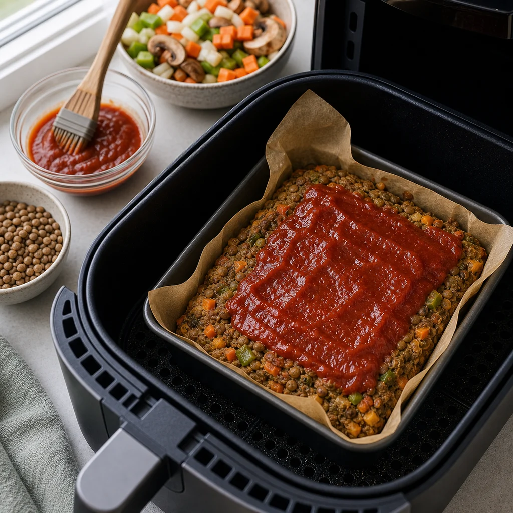 Air Fryer Vegan Lentil and Vegetable Loaf with Tomato Glaze cooking in the air fryer