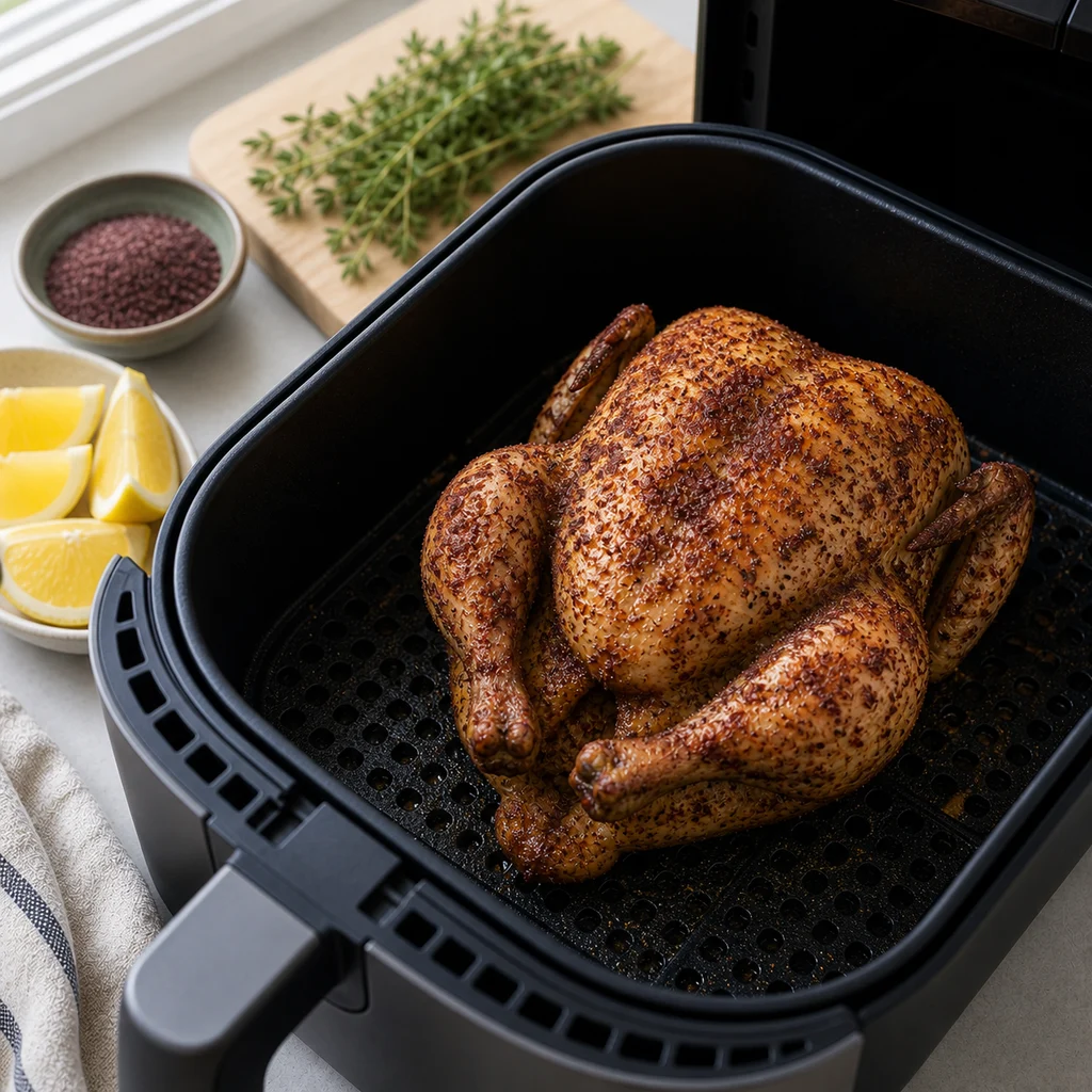 Air Fryer Middle Eastern Herb and Sumac Roasted Chicken cooking in the air fryer