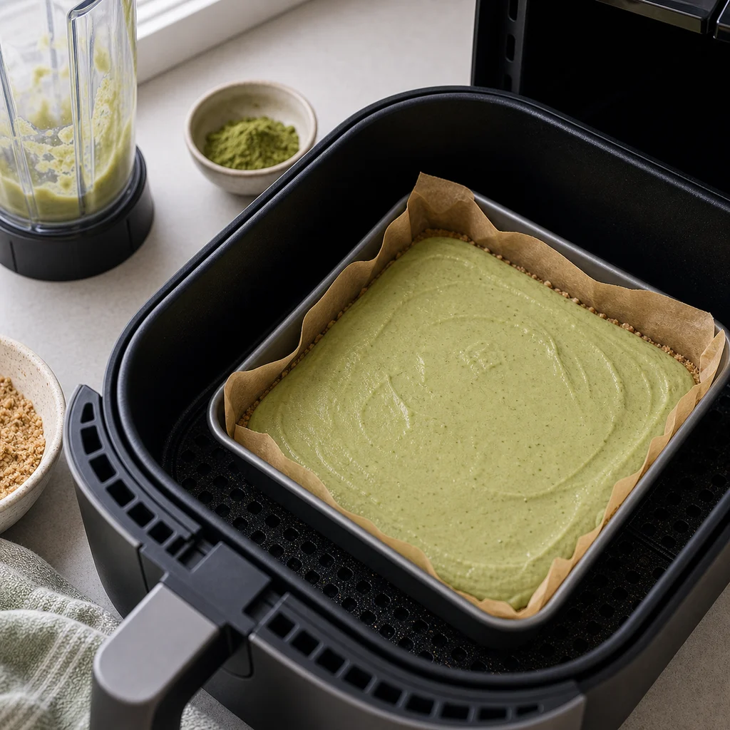 Air Fryer Vegan Matcha Green Tea Cheesecake Bars cooking in the air fryer