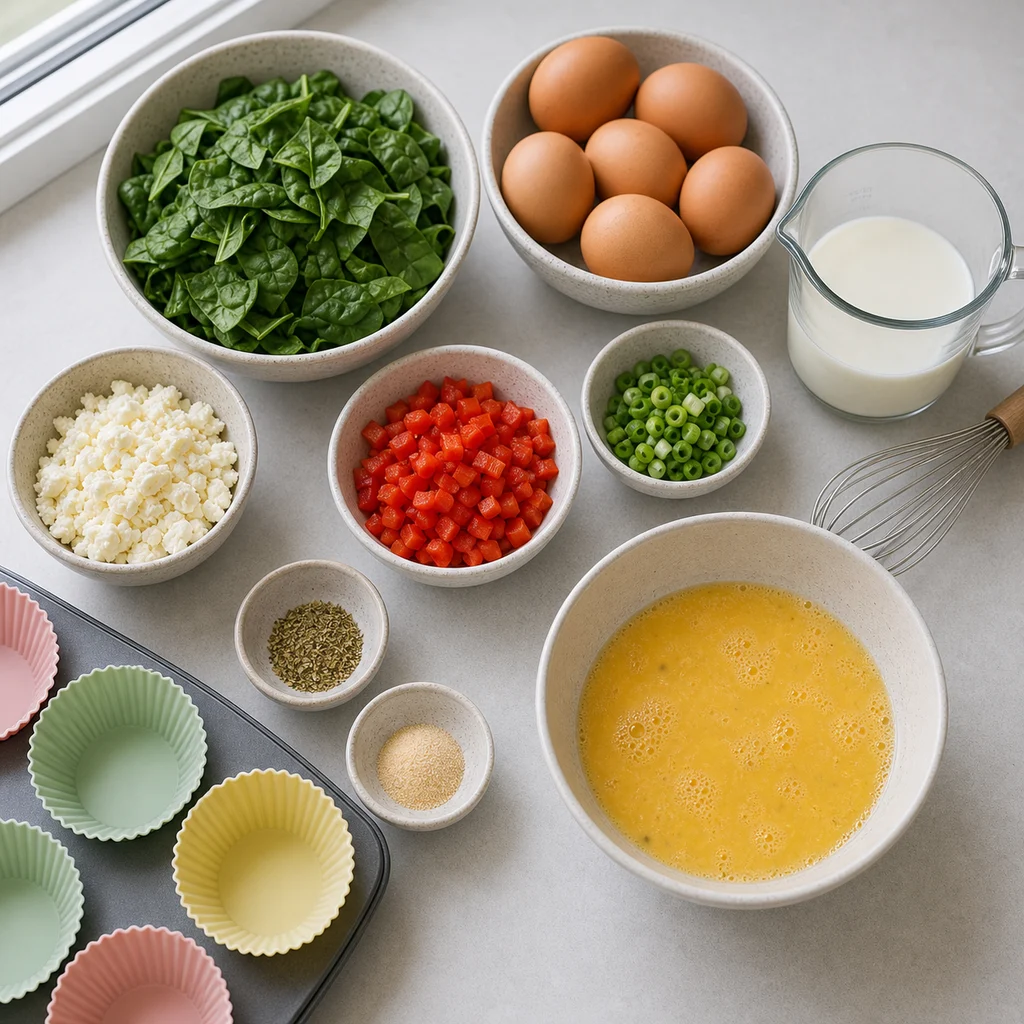 Ingredients for Air Fryer Savory Spinach and Feta Breakfast Quiche Cups