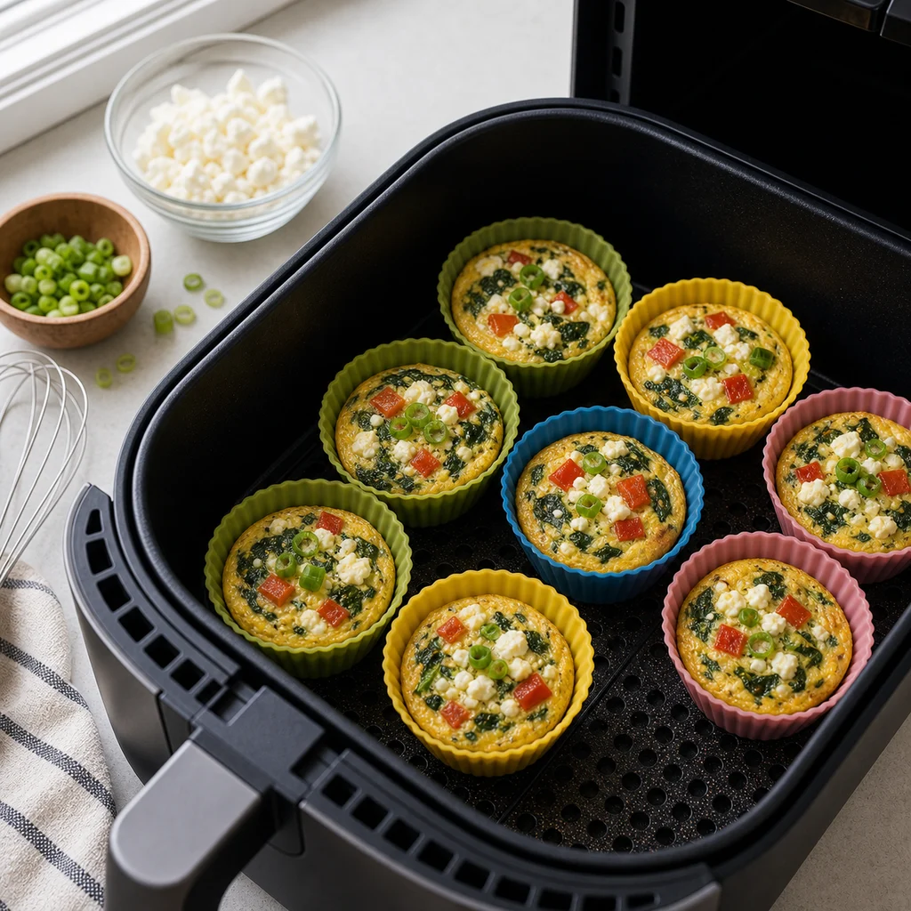 Air Fryer Savory Spinach and Feta Breakfast Quiche Cups cooking in the air fryer