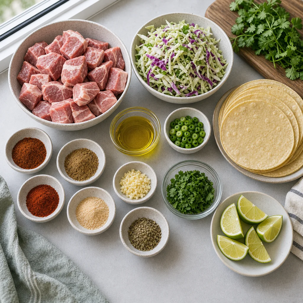 Ingredients for Air Fryer Pork Carnitas Tacos with Cilantro Lime Slaw