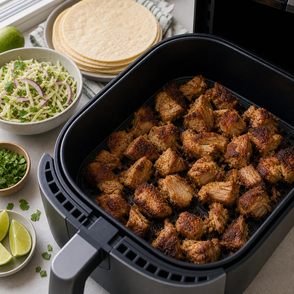 Air Fryer Pork Carnitas Tacos with Cilantro Lime Slaw cooking in the air fryer