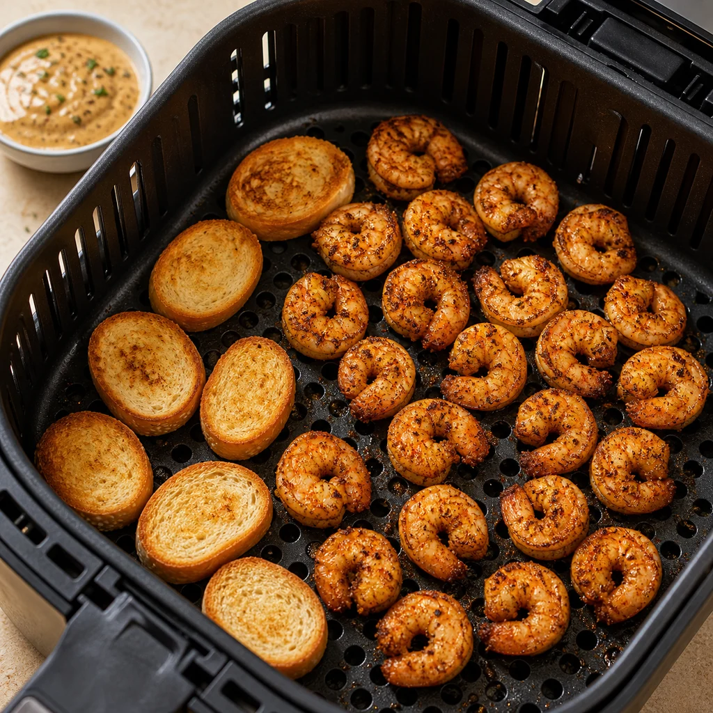 Air Fryer Spicy Cajun Shrimp Po' Boy Bites with Remoulade cooking in the air fryer