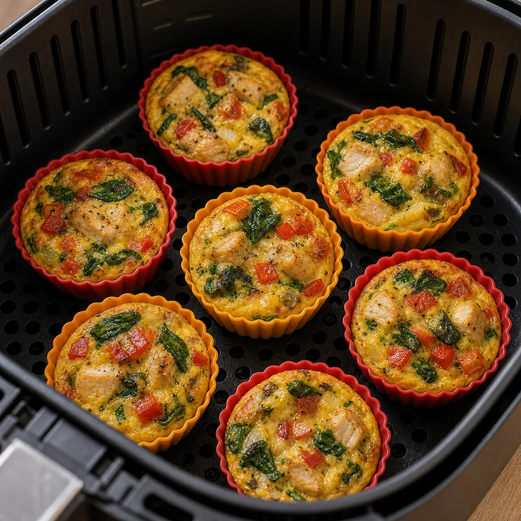 Air Fryer Paleo Chicken and Veggie Breakfast Frittata cooking in the air fryer
