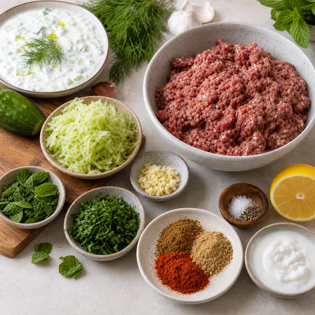 Ingredients for Air Fryer Paleo Spiced Lamb Koftas with Tzatziki
