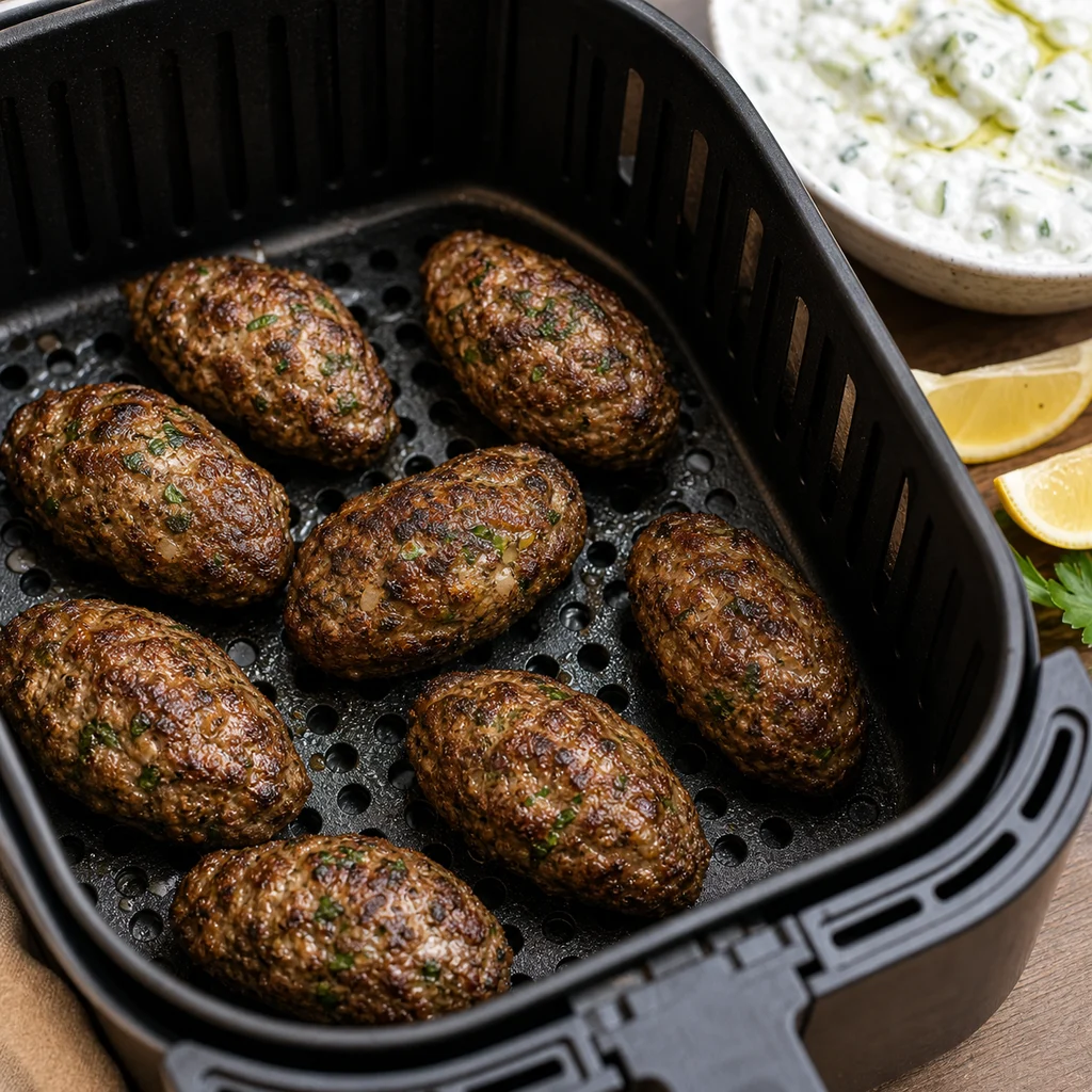 Air Fryer Paleo Spiced Lamb Koftas with Tzatziki cooking in the air fryer