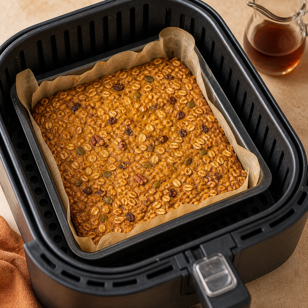 Air Fryer Pumpkin Spice Breakfast Bars with Maple Drizzle cooking in the air fryer