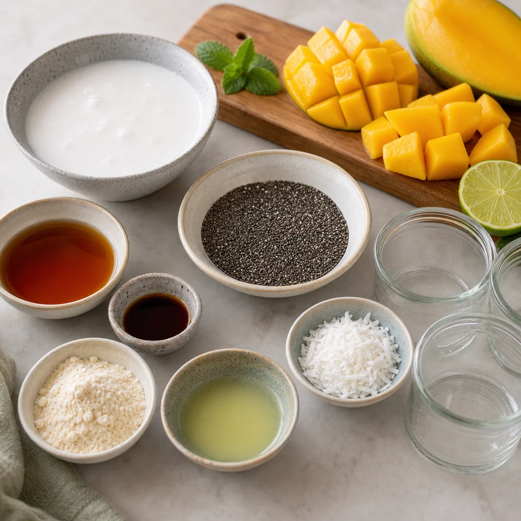Ingredients for Air Fryer Vegan Coconut Mango Chia Seed Pudding Cups