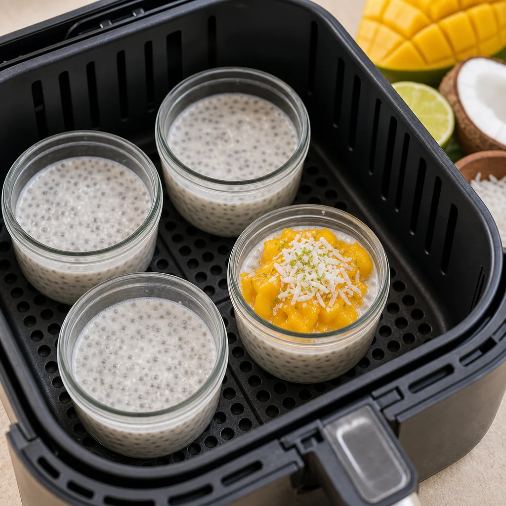 Air Fryer Vegan Coconut Mango Chia Seed Pudding Cups cooking in the air fryer