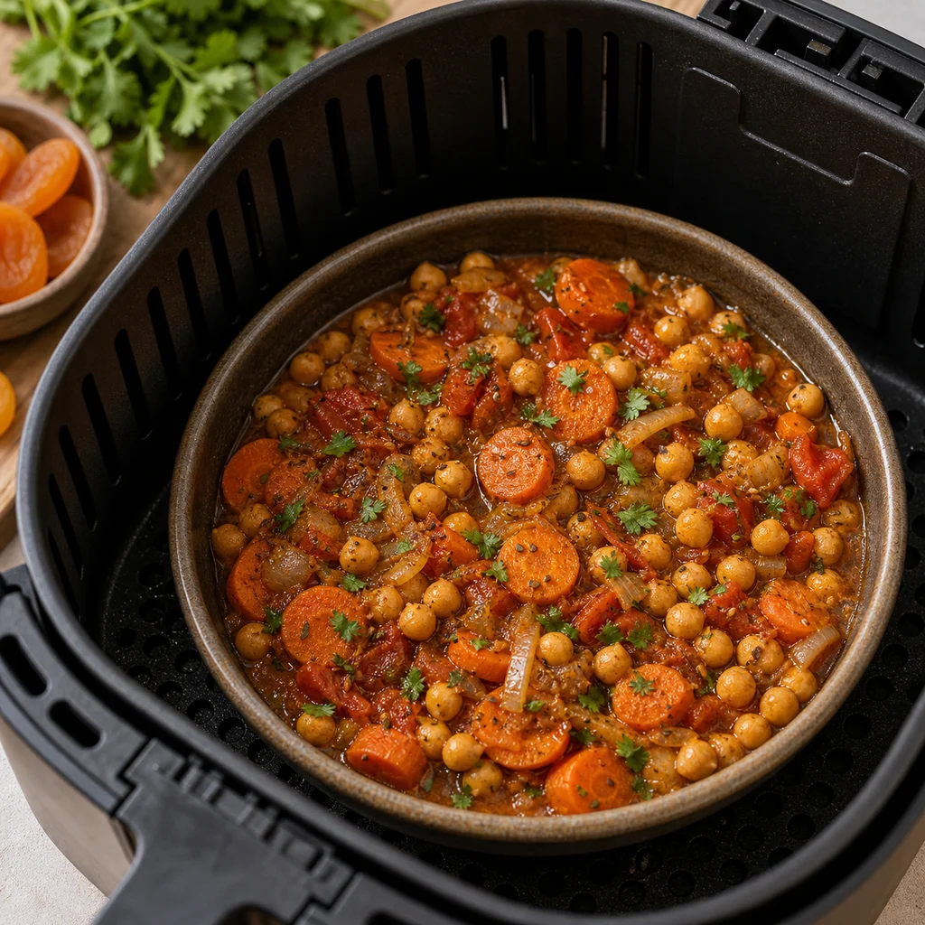 Air Fryer Quick Moroccan-Spiced Chickpea and Carrot Tagine cooking in the air fryer
