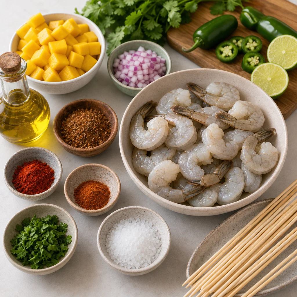 Ingredients for Air Fryer Spicy Caribbean Jerk Shrimp Skewers with Mango Salsa